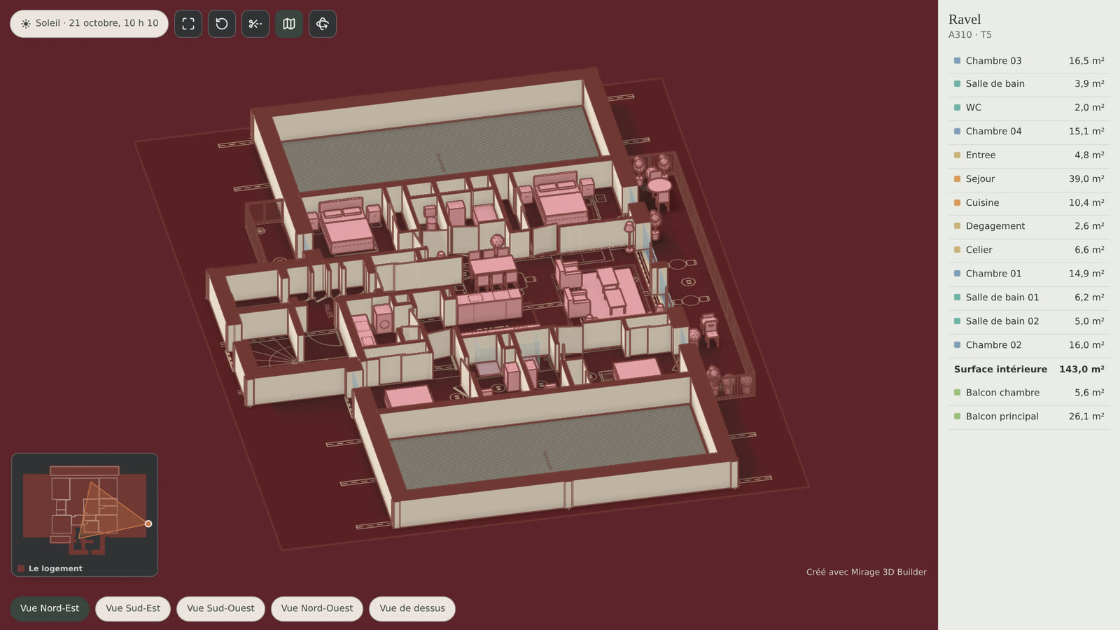 Plan 3D meublé d'un T5 de 143 m² avec la surface de chaque pièce